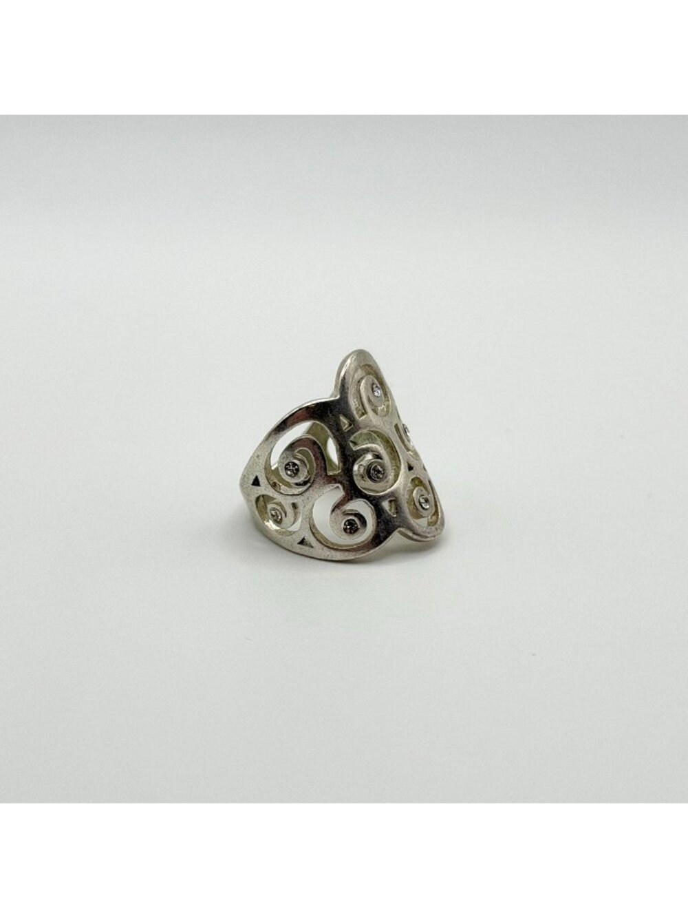 925 Sterling Silver Filigree Swirl Wide Band Ring With CZ Accents Size 7.5